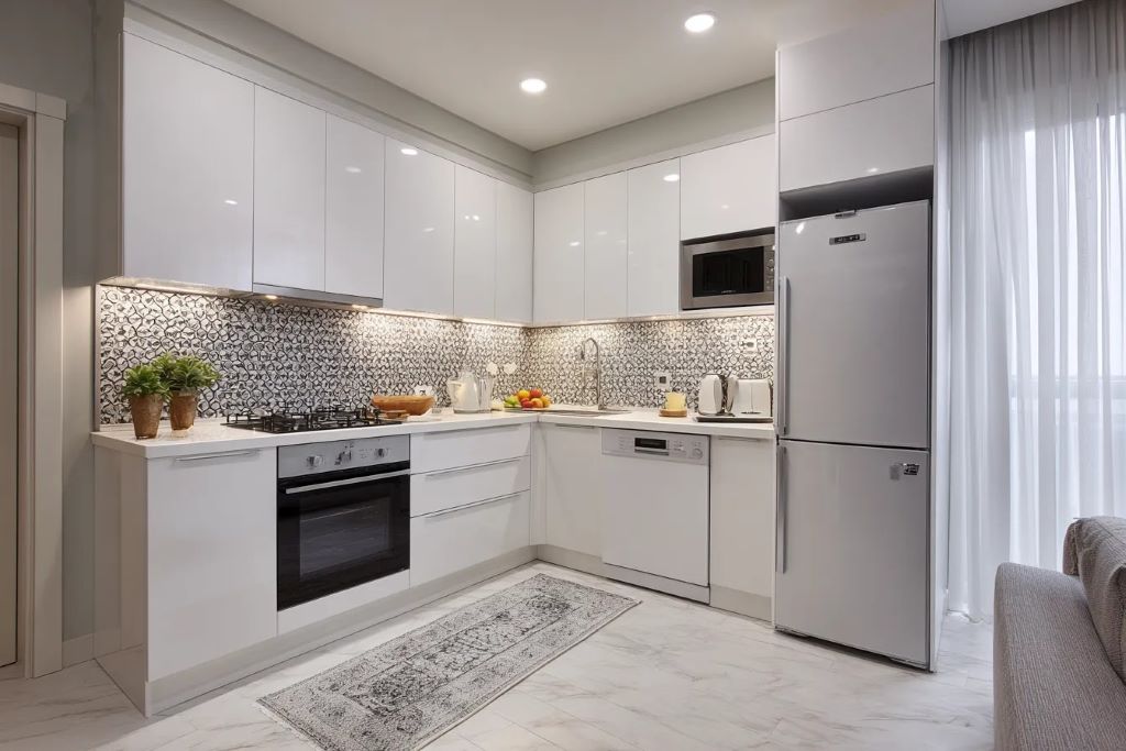 Modern small kitchen with shelves, pull-out drawers, and efficient use of space