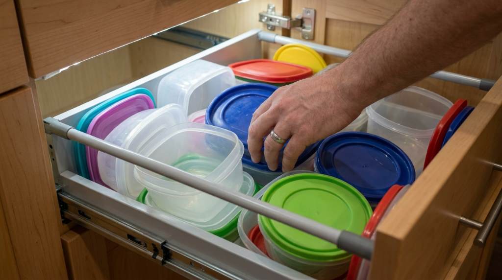 Neatly arranged food container lids inside a kitchen drawer organizer