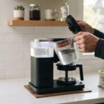 A man filling a coffee maker reservoir with white vinegar descaling solution.