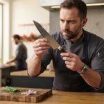 Male chef holding sharp steel knife in modern kitchen.