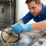 A male technician removing a clogged mesh filter from a modern dishwasher basin.