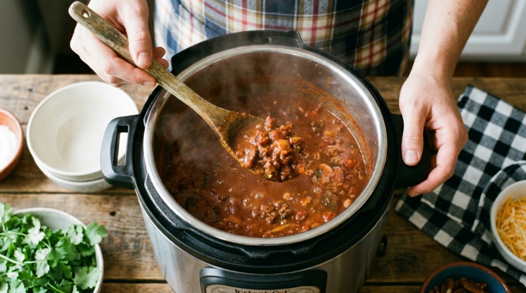 Cook scooping hot chili from an instant pot.