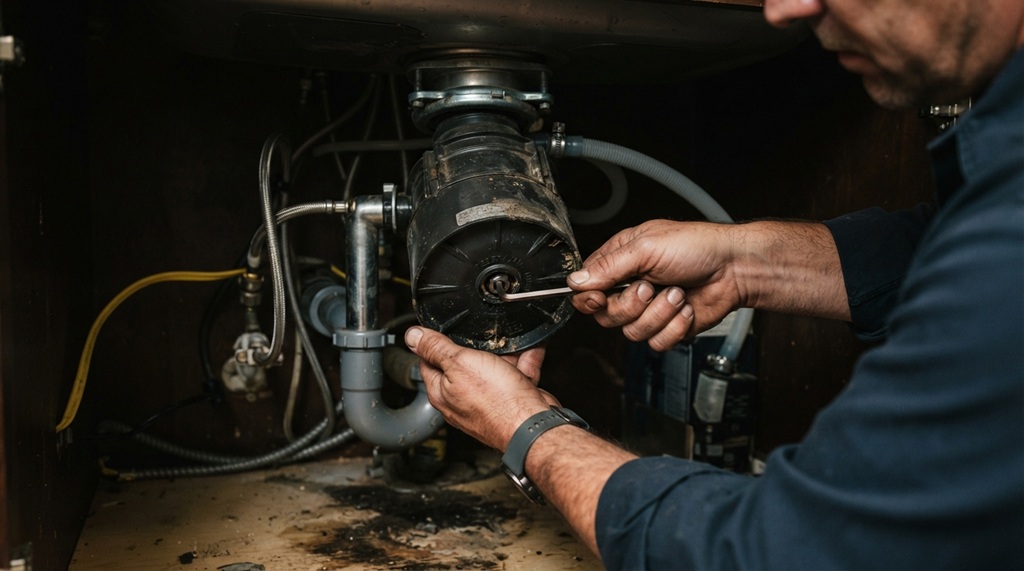 A man using a hex wrench to clear a jammed noisy garbage disposal.