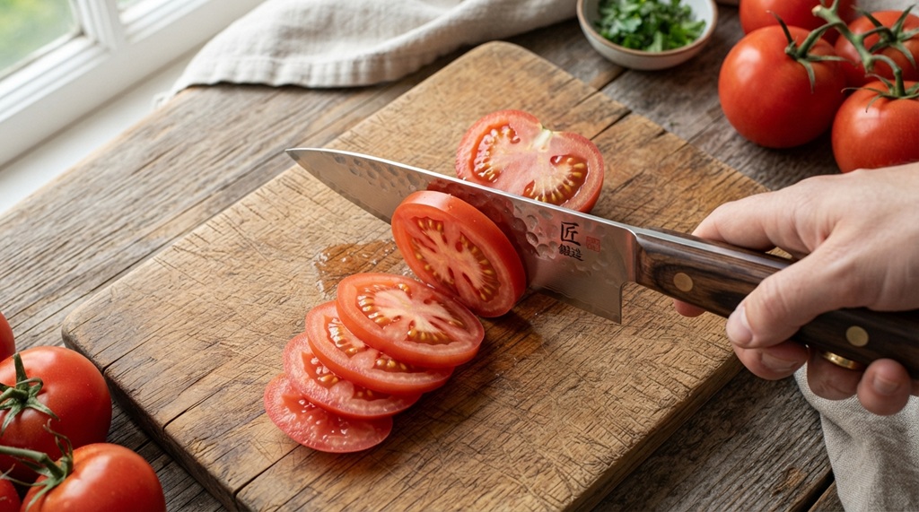 Forged chef knife slicing red tomato on wooden board.
