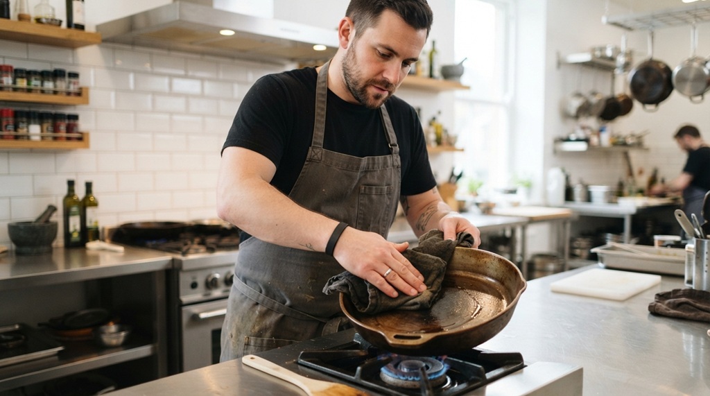Man wiping vegetable oil onto black cast iron skillet using cloth.