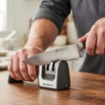 A man pulling a steel knife through a manual sharpener on a wooden counter.