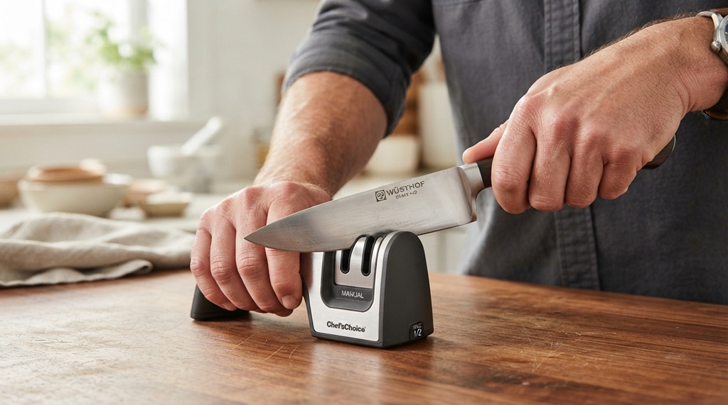 A man pulling a steel knife through a manual sharpener on a wooden counter.