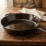 Well-seasoned black cast iron skillet resting on wooden kitchen counter.