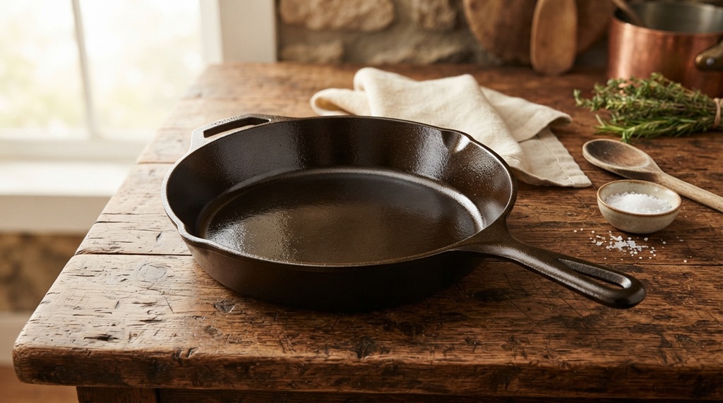 Well-seasoned black cast iron skillet resting on wooden kitchen counter.