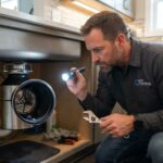 A male plumber shining a flashlight into a garbage disposal to fix noise.
