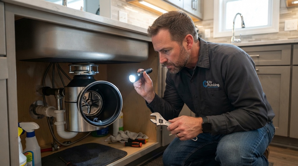 A male plumber shining a flashlight into a garbage disposal to fix noise.