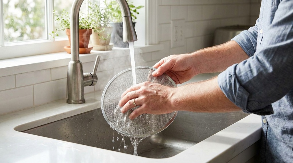 A man washing a clean mesh dishwasher filter under a running warm water faucet.
