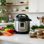 Stainless steel instant pot on kitchen counter with fresh vegetables.