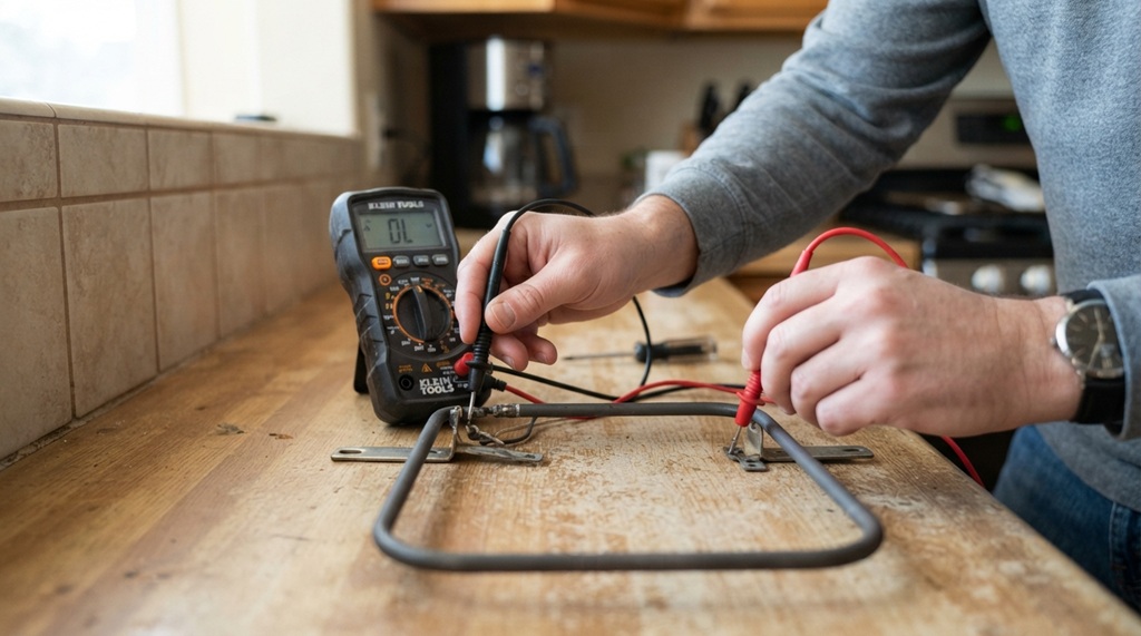 Hands testing an oven heating element continuity using a digital multimeter.