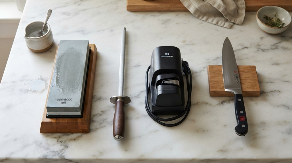 Various kitchen knife sharpening tools neatly displayed on a marble countertop.