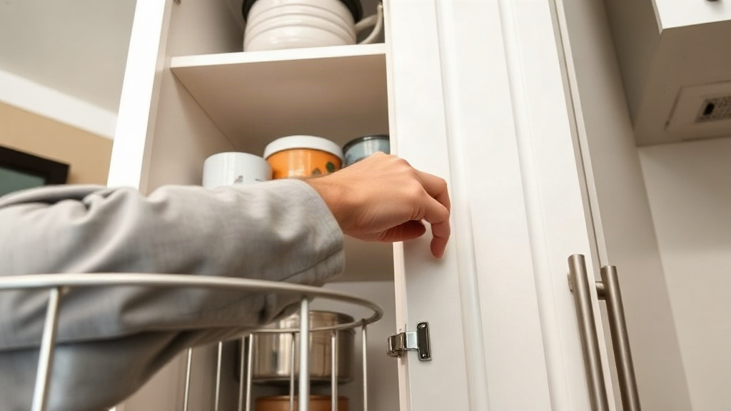 A hand in a gray sleeve reaching into an open white kitchen cabinet holding bowls and containers.