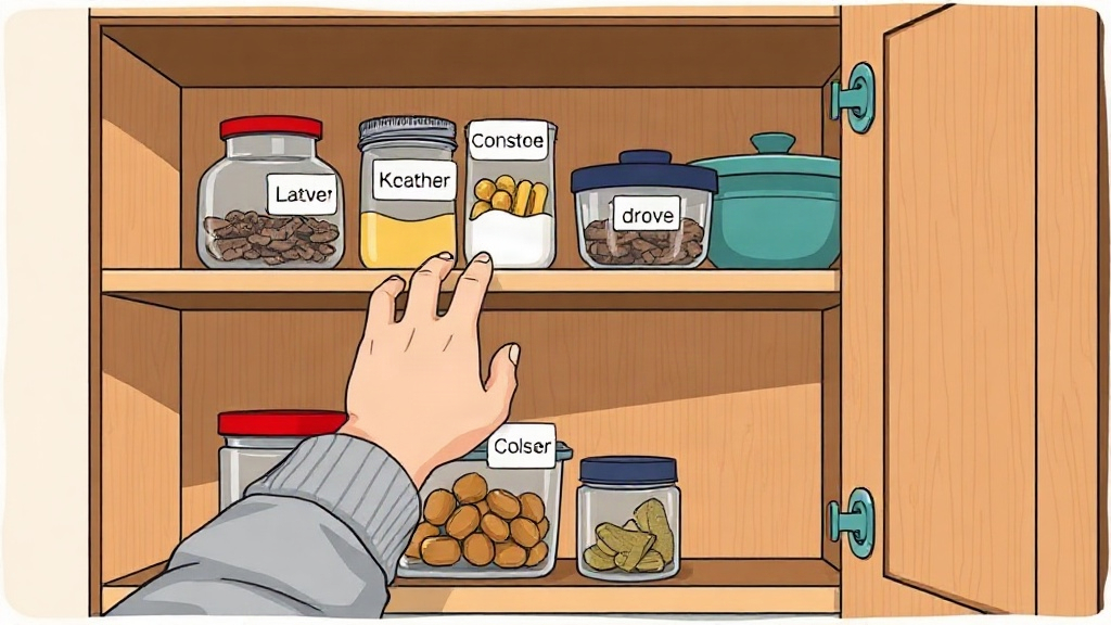 A hand reaches for labeled jars and a container on the shelves of an open kitchen cabinet.
