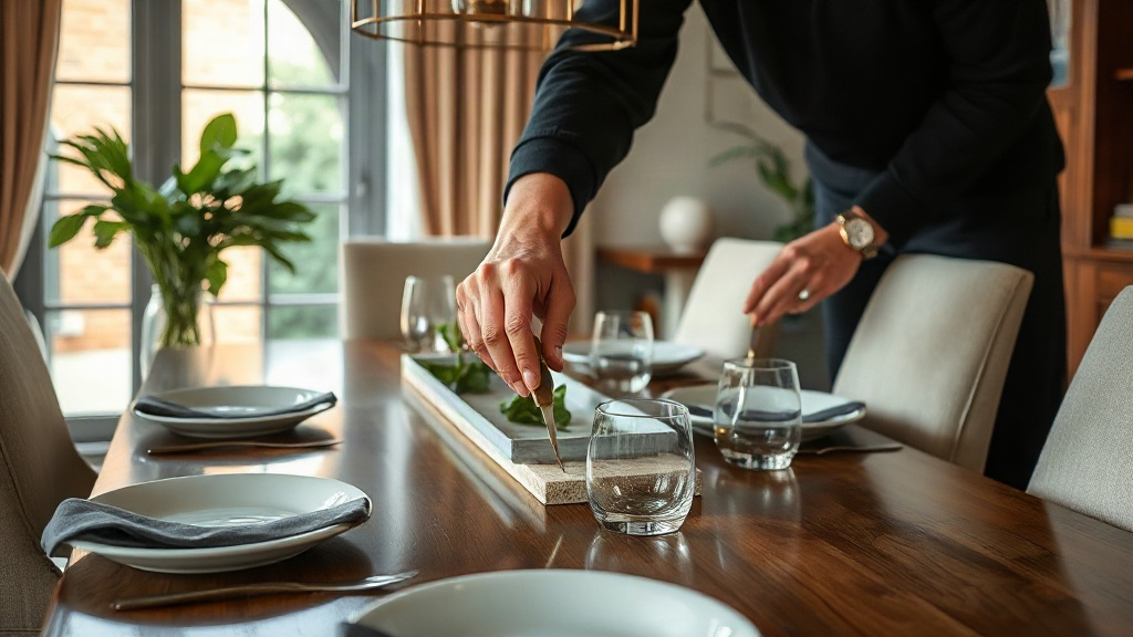 A person adjusts a small plant in a centerpiece on a set dining table with plates and glasses.