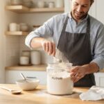 Male chef fluffing flour in glass container with spoon.